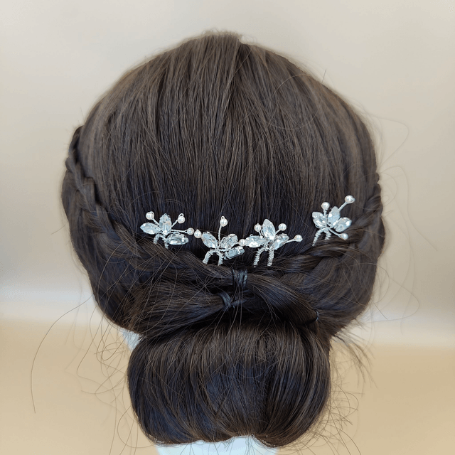 Lot de 4 épingles à cheveux argentées avec strass colorés et perles - 7 modèles: bleu aquamarine, bleu royal, rouge, vert, lavande, noir ou clair