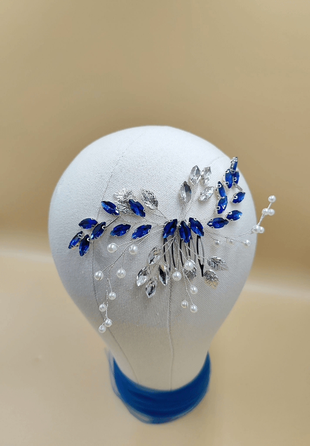 Peigne de cheveux argenté, strass bleu royale et transparent, peigne de cheveux de mariée, accessoire de coiffure