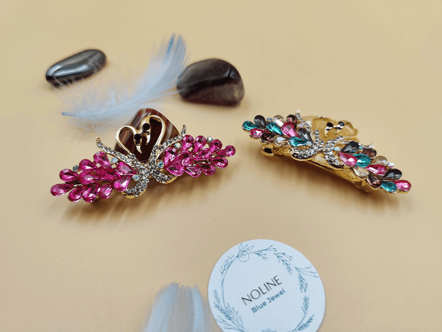 Barrette dorée en forme de cygne, barrette cygne cristaux rose ou coloré