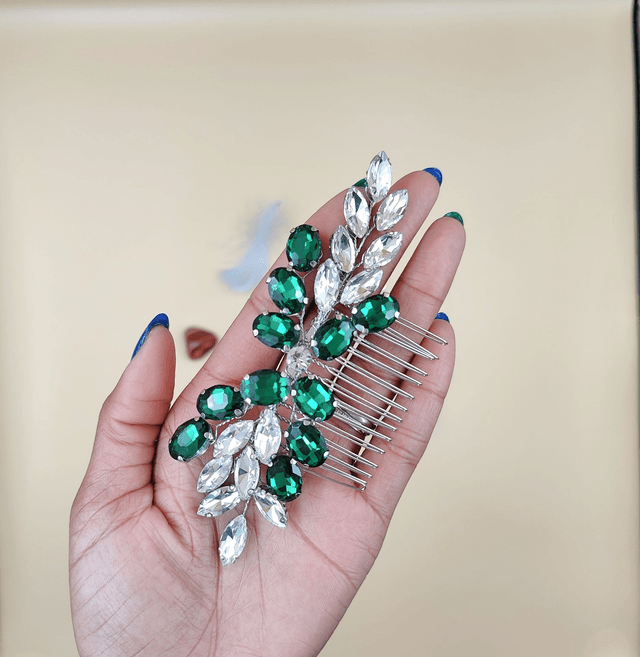 Peigne cheveux strass cristaux argenté et bleu royale ou vert