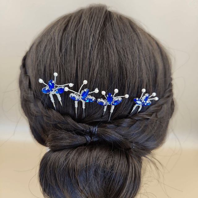 Lot de 4 épingles à cheveux argentées avec strass colorés et perles - 7 modèles: bleu aquamarine, bleu royal, rouge, vert, lavande, noir ou clair