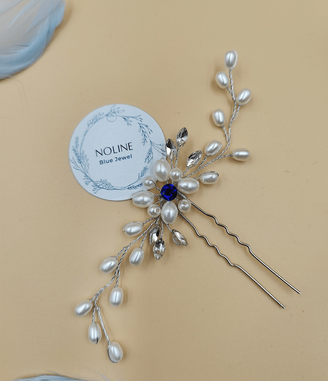 Pic à cheveux perles et strass bleu, petites épingles à cheveux perles blanches