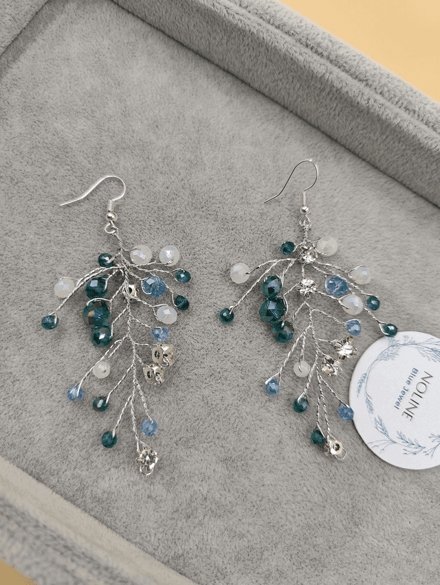 boucles d&#039;oreilles pendantes strass rond bleu, vert et argent