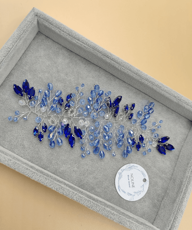 Bandeau de cheveux strass bleu et perles clair, bijou de cheveux pour mariée
